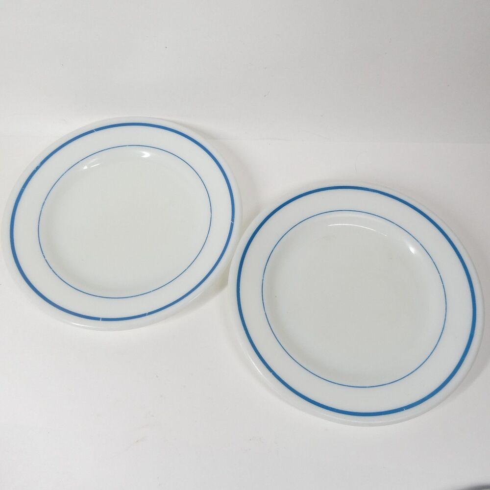 2 Pyrex Teal Blue Stripe Band Plates 8.75" Lunch Vintage White Glass MCM